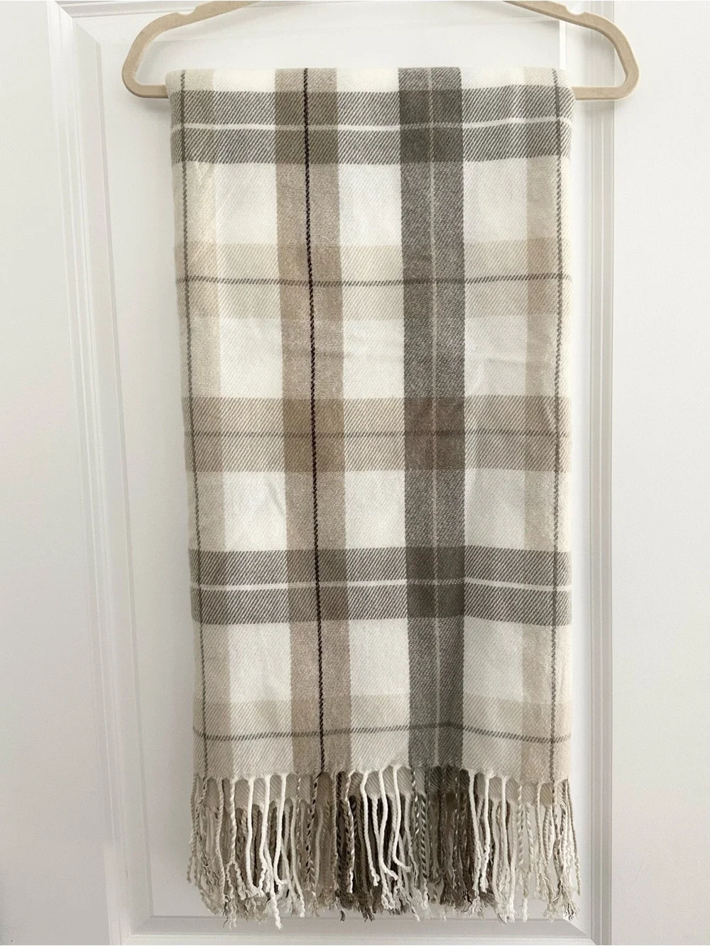 Fall Plaid Fringe Throw Blanket - Beige, Cream & Tan - Fall Harvest Decor